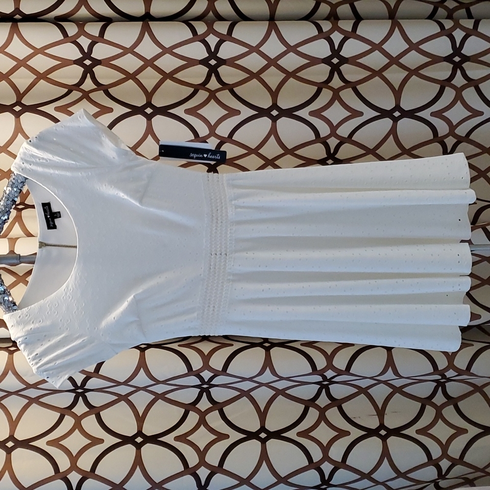 Lined Lace white dress with embellished waiste by Sequin Hearts